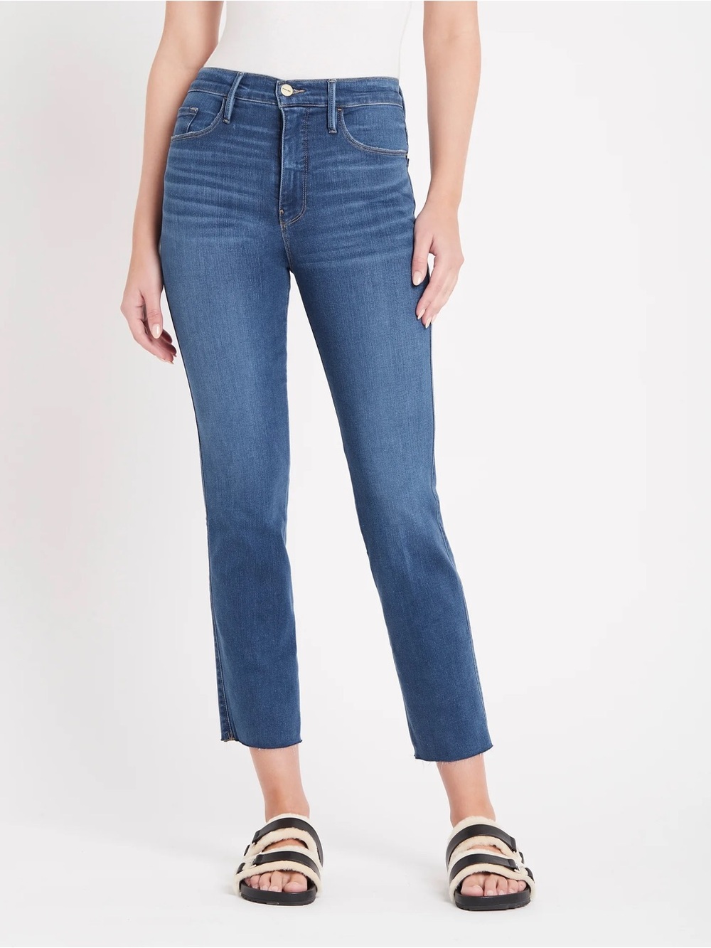 FRAME Le Sylvie Crop High Rise Straight Leg Raw Hem Jeans 27 Decades Blue